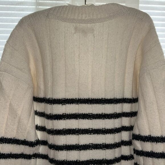 Lucky Brand L-XL White Black Stripe Cable Knit Button Front Wool Blend Cardigan - Picture 8 of 16